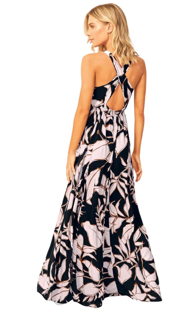 Opal Leaves Niza Long Dress_Maaji_Black_White Leaves Print